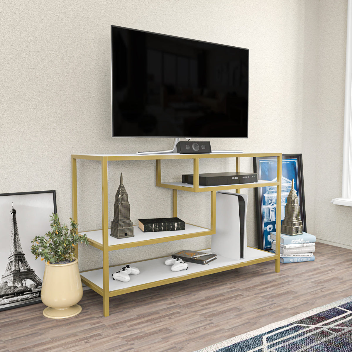 TV Meubels - TV Meubel Robbins Gold Goud Wit Melamine 120x75x39 cm - Dimehouse