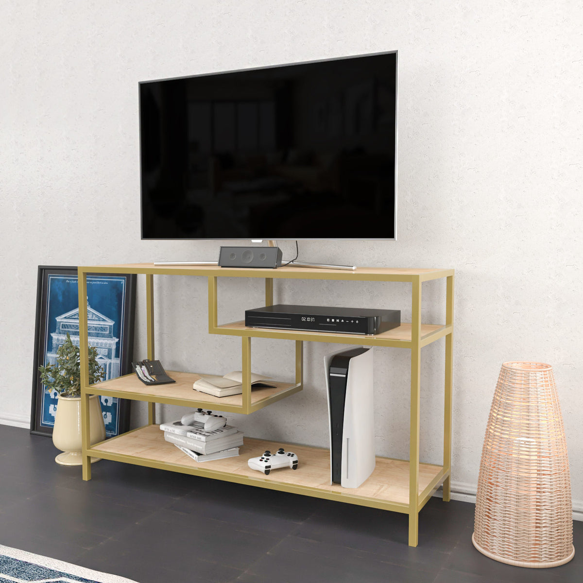 TV Meubels - TV Meubel Robbins Gold Goud Eik Melamine 120x75x39 cm - Dimehouse