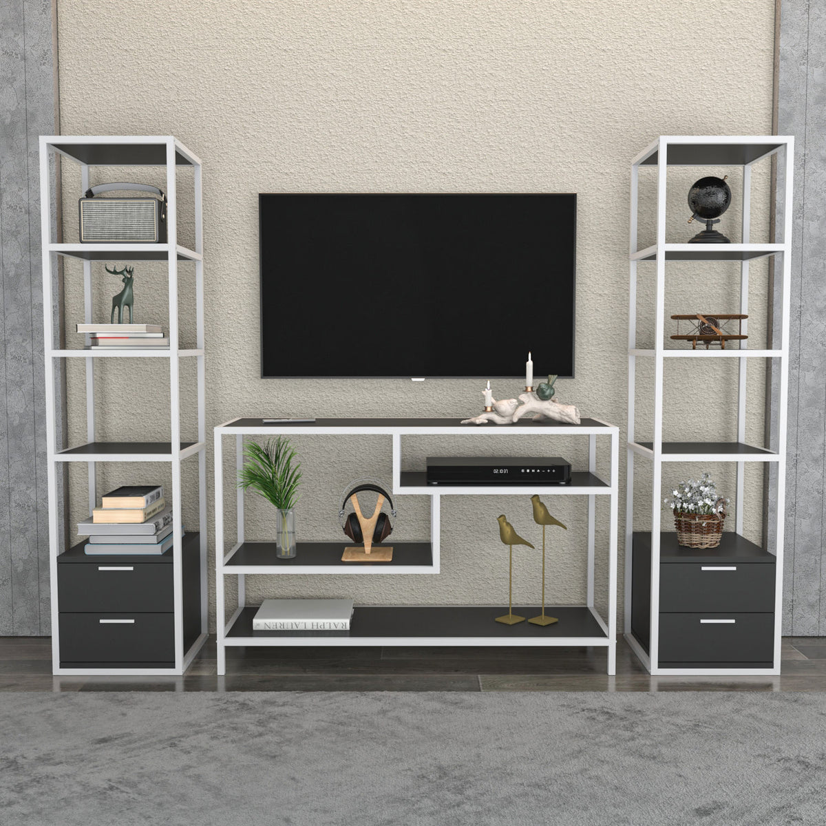 TV Meubels - TV Meubel Set Robbins White Wit Antraciet Melamine 198x160x39 cm - Dimehouse