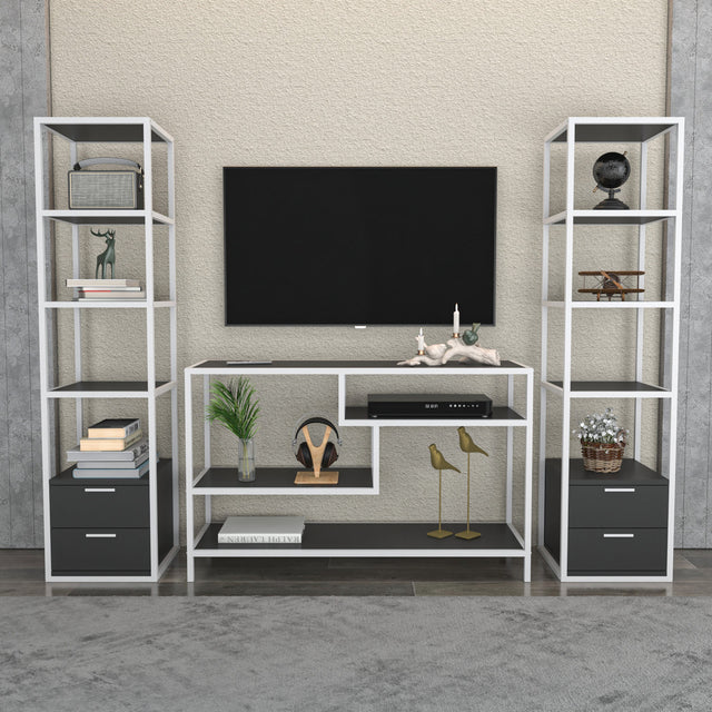 TV Meubels - TV Meubel Set Robbins White Wit Antraciet Melamine 198x160x39 cm - Dimehouse