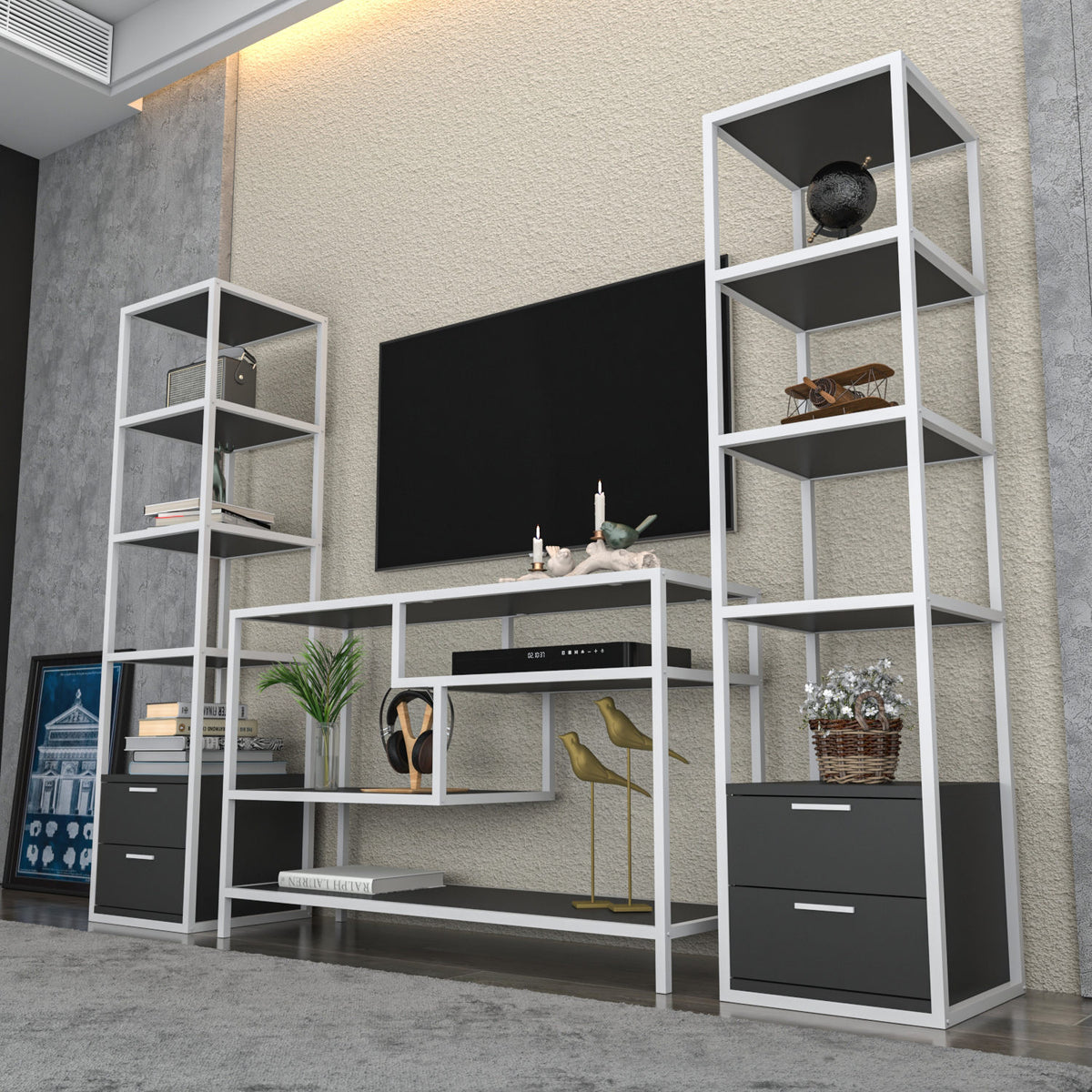 TV Meubels - TV Meubel Set Robbins White Wit Antraciet Melamine 198x160x39 cm - Dimehouse