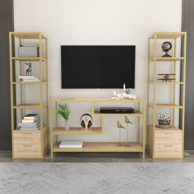 TV Meubels - TV Meubel Set Robbins Gold Goud Eik Melamine 198x160x39 cm - Dimehouse