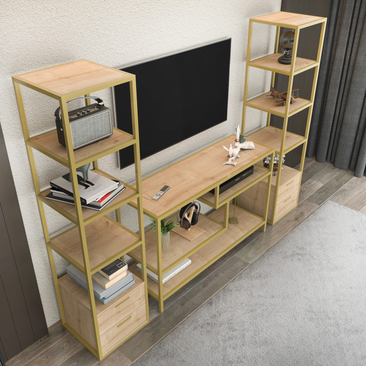 TV Meubels - TV Meubel Set Robbins Gold Goud Eik Melamine 198x160x39 cm - Dimehouse