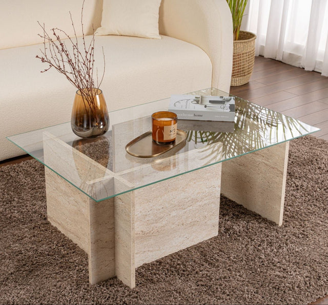 Salontafels - Rechthoekige Moderne Salontafel Vetroni Travertin Look - Glas - 105x65 cm - Dimehouse