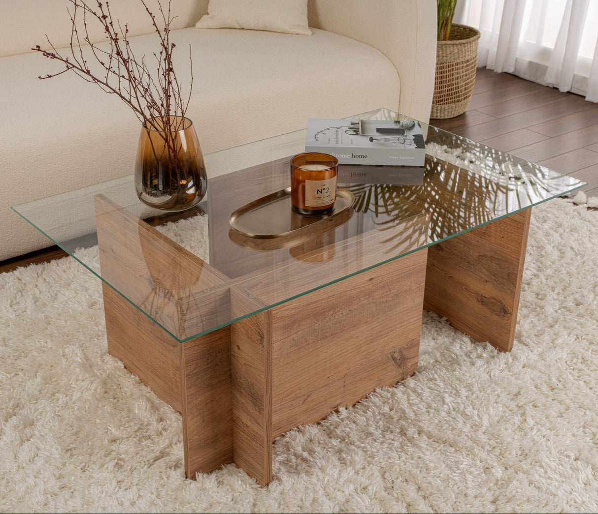 Tavolino Rettangolare Moderno Vetroni Look Pino Atlantico - Vetro - 105x65 cm