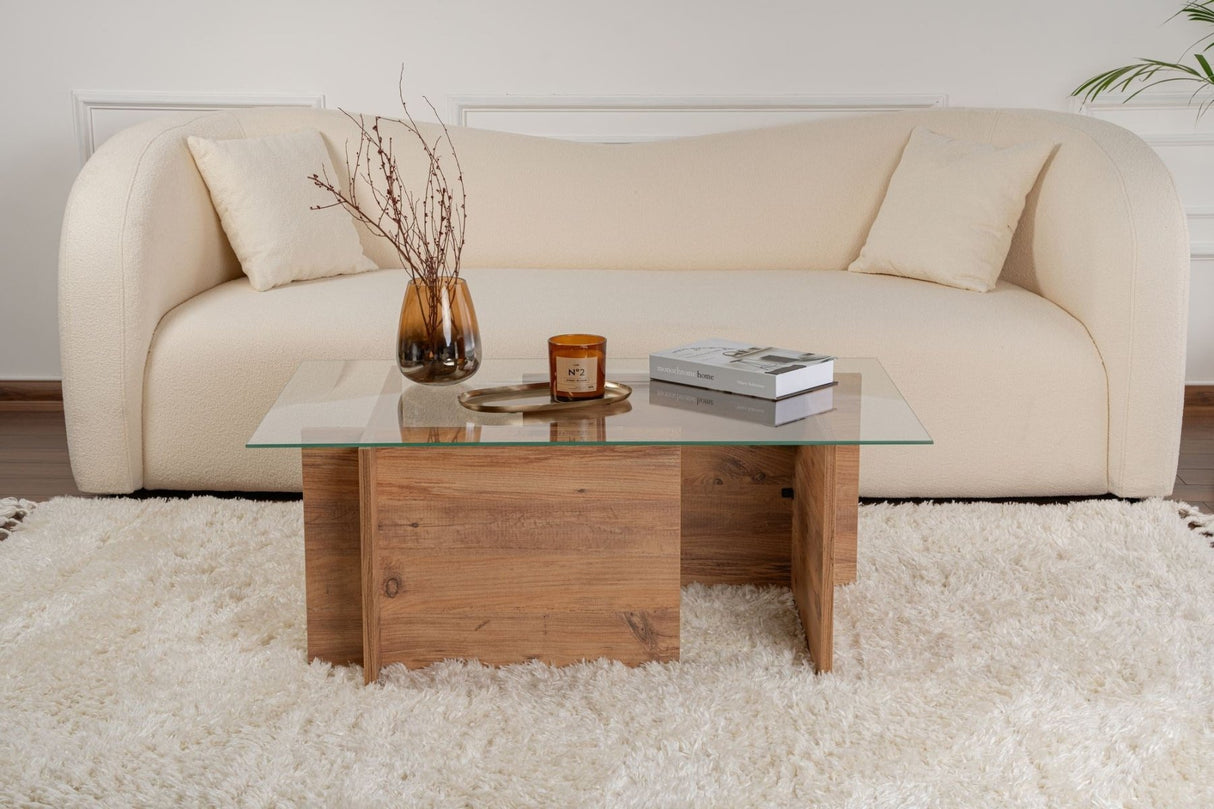 Tavolino Rettangolare Moderno Vetroni Look Pino Atlantico - Vetro - 105x65 cm