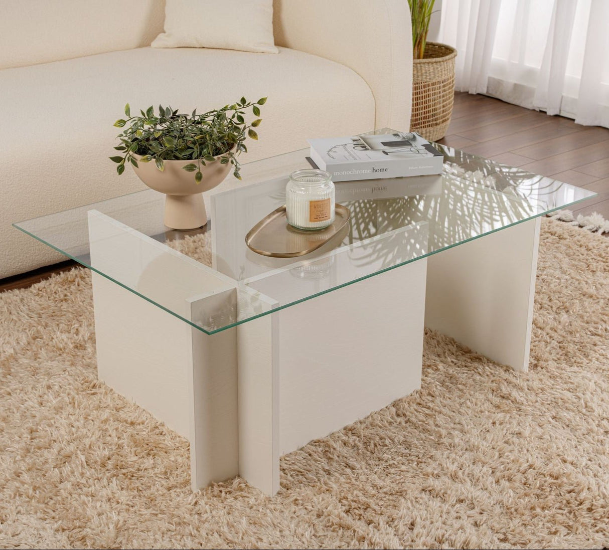 Salontafels - Rechthoekige Moderne Salontafel Vetroni Wit Hout Look - Glas - 105x65 cm - Dimehouse