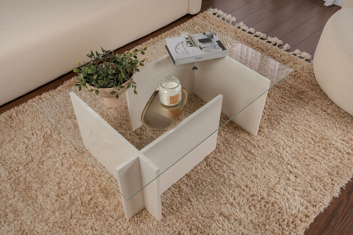 Salontafels - Rechthoekige Moderne Salontafel Vetroni Wit Hout Look - Glas - 105x65 cm - Dimehouse
