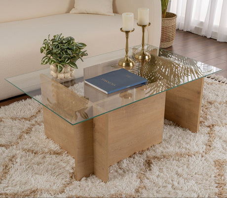 Salontafels - Rechthoekige Moderne Salontafel Honey Eikenhout Look - Glas - 105x65 cm - Dimehouse