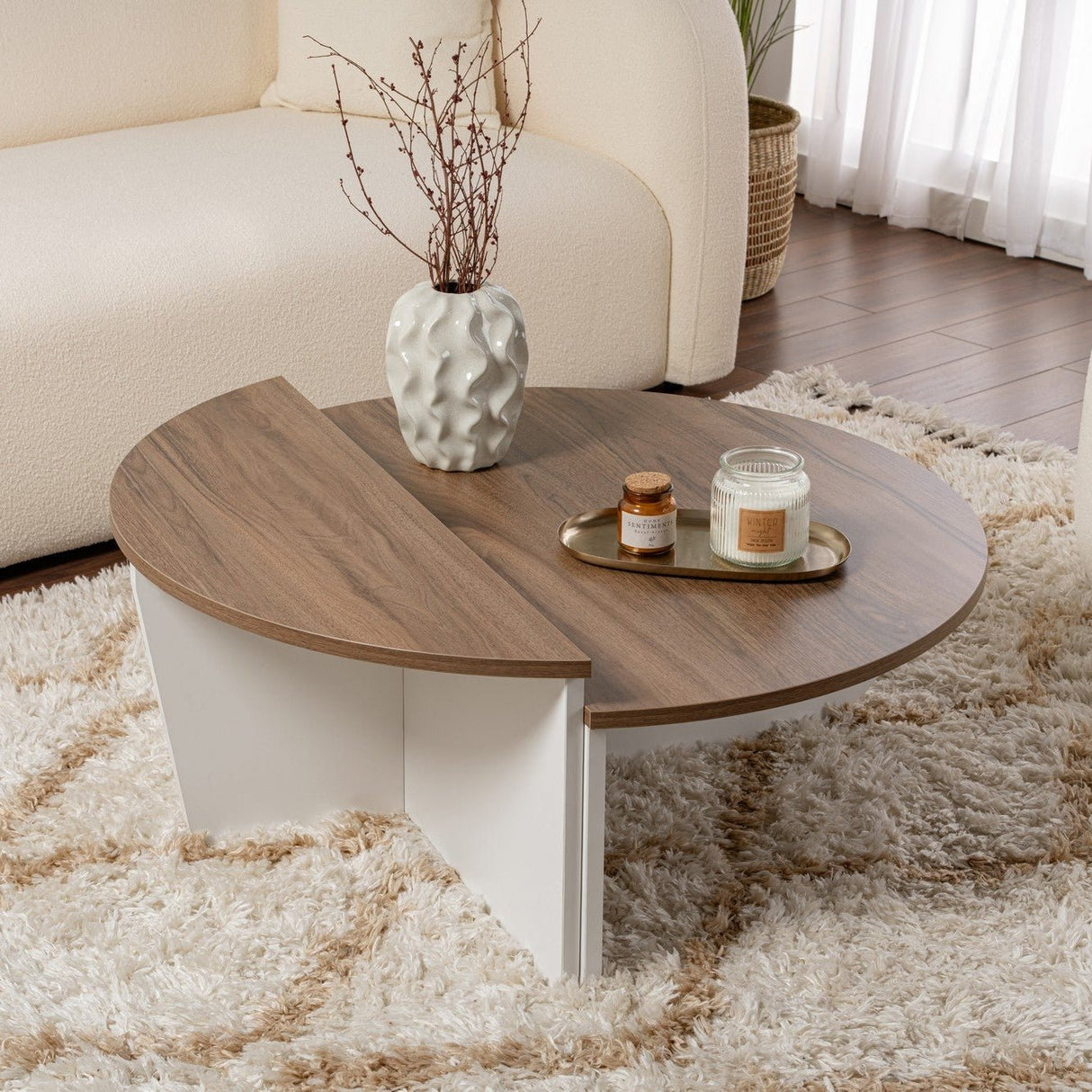 Tavolino rotondo Orion noce e melaminico bianco 90x60 cm
