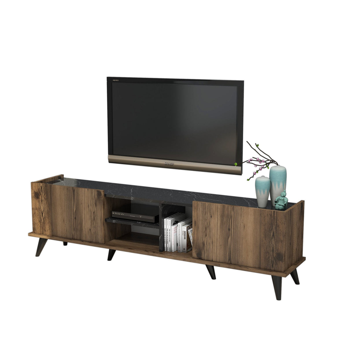 TV Meubels - TV Meubel Elegante Walnoot Zwart Melamine 180x52x34 cm - Dimehouse