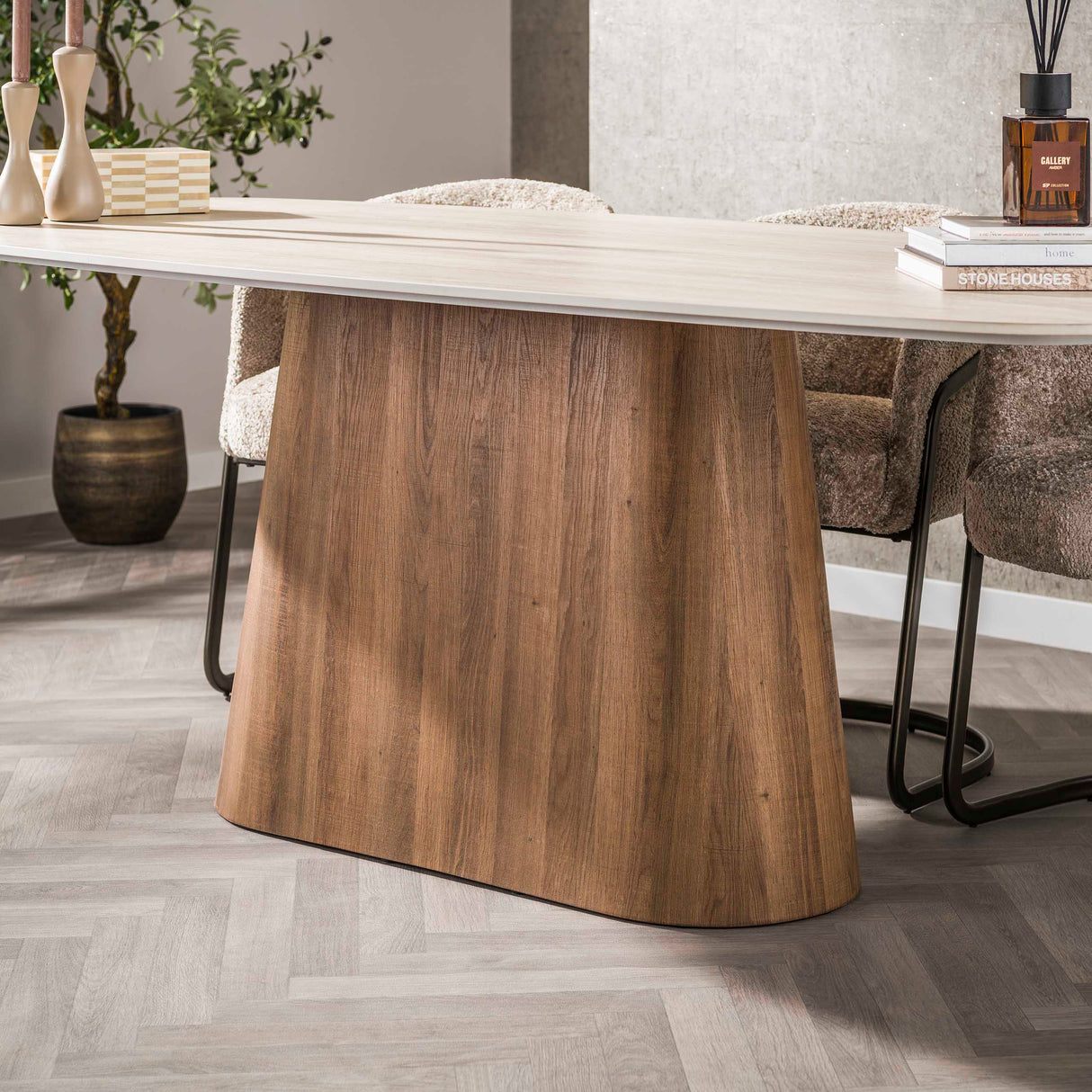 Eettafels - Deens Ovaal Eettafel Jimi 215 cm 3D Keramiek Travertin - Dimehouse