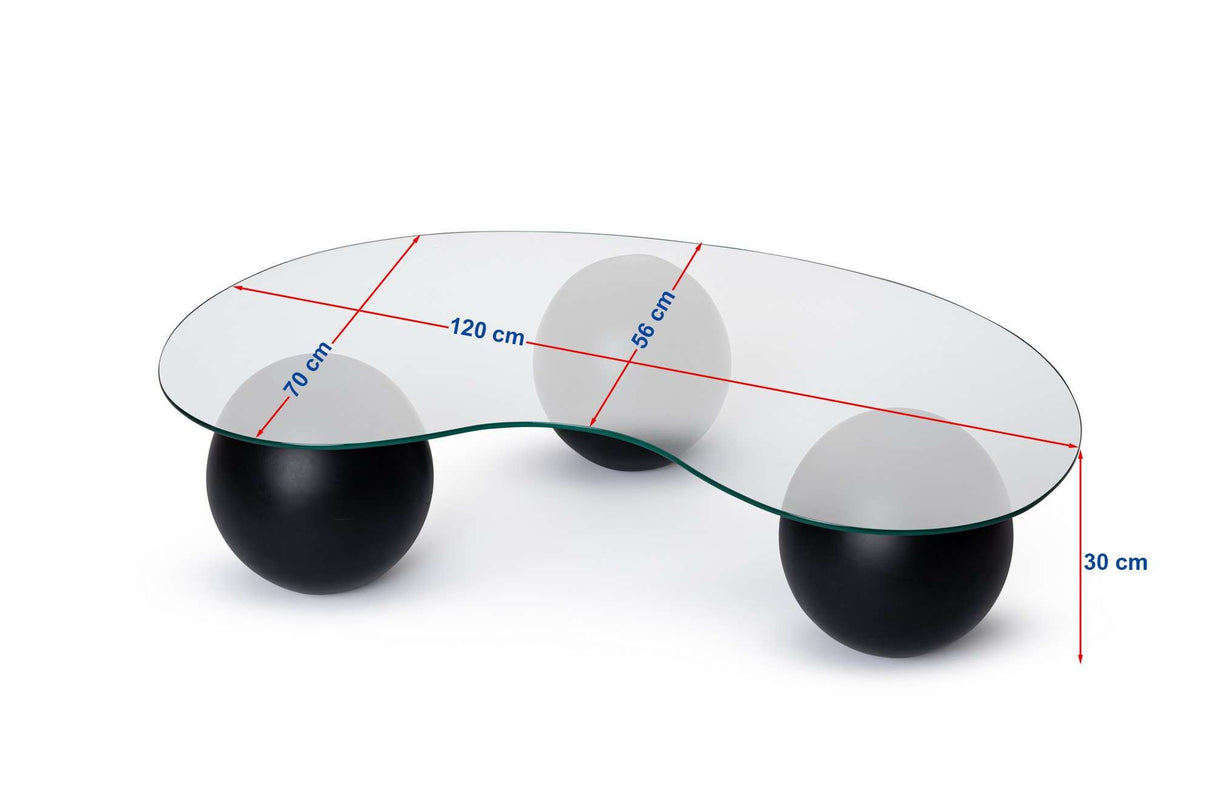 Organische salontafel grijs getint glas walnoot bolpoten Sphere 120x70 cm