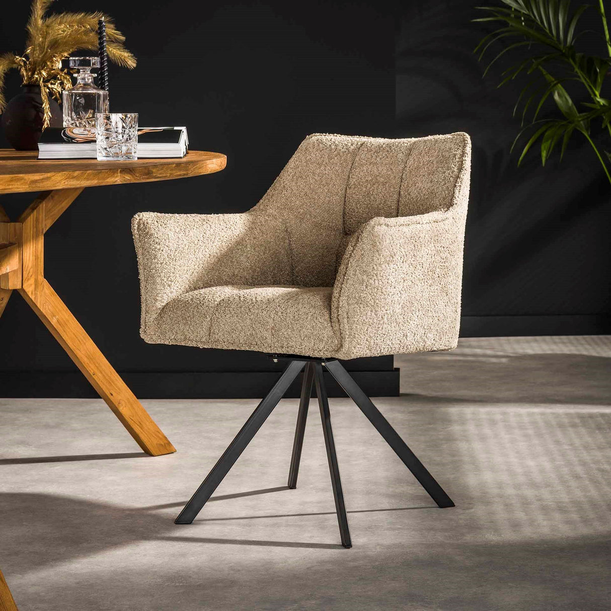 Eetkamerstoelen - Set van 2 Eetkamerstoelen Lino Bouclé Zand draaibaar Raster - Dimehouse