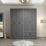 Kledingkasten - Kledingkast Elina Antraciet Goud Melamine 185x208x52 cm - Dimehouse