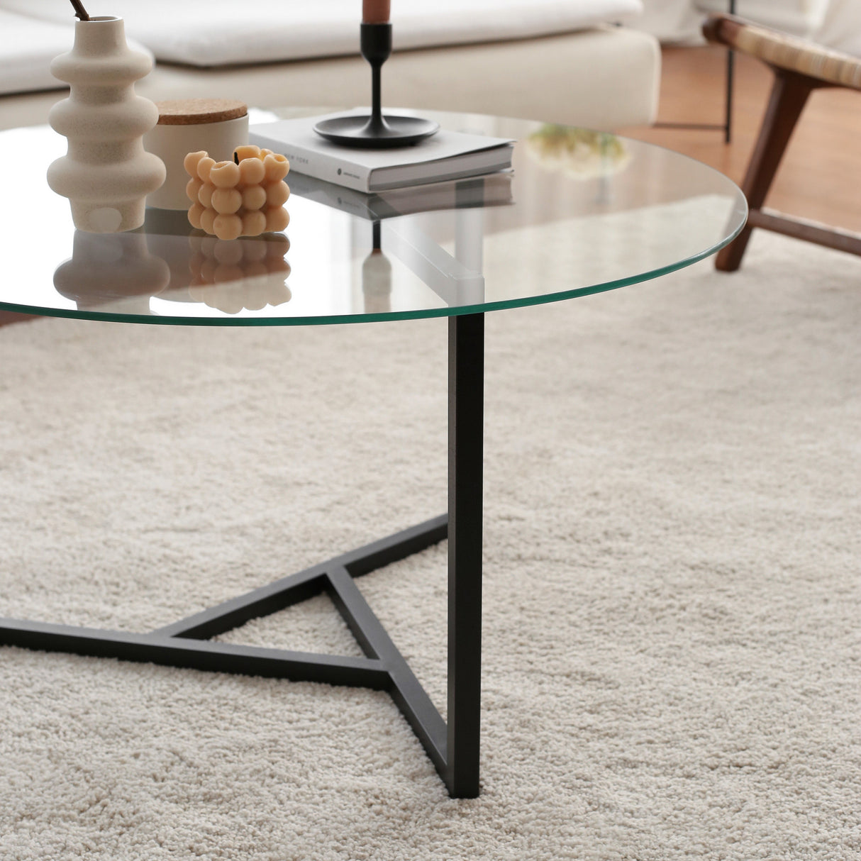 Tavolino Rotondo in Vetro 75 cm - Struttura in Metallo Nero
