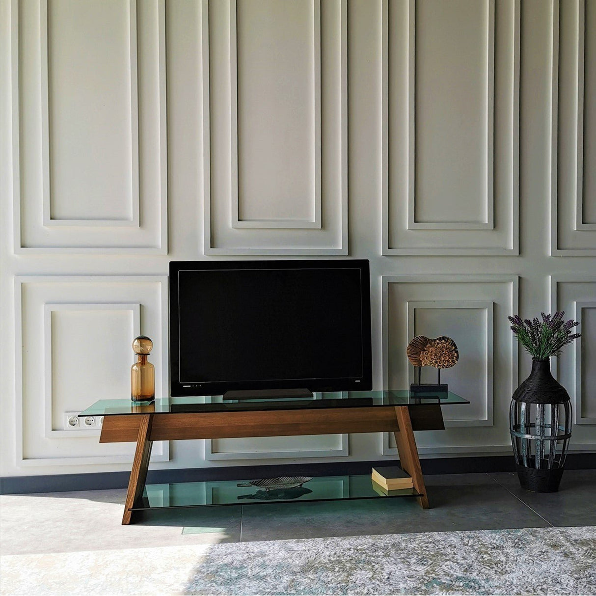 TV Meubels - TV Meubel Coral Walnoot Groen Glas 158x45x40 cm - Dimehouse