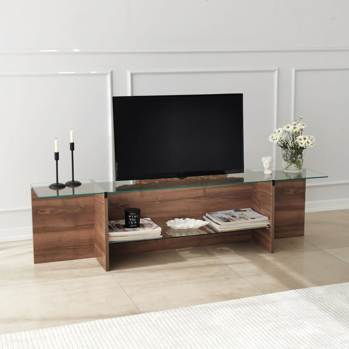 TV Meubels - TV Meubel Escape TV Walnoot Glas 158x40x35 cm - Dimehouse