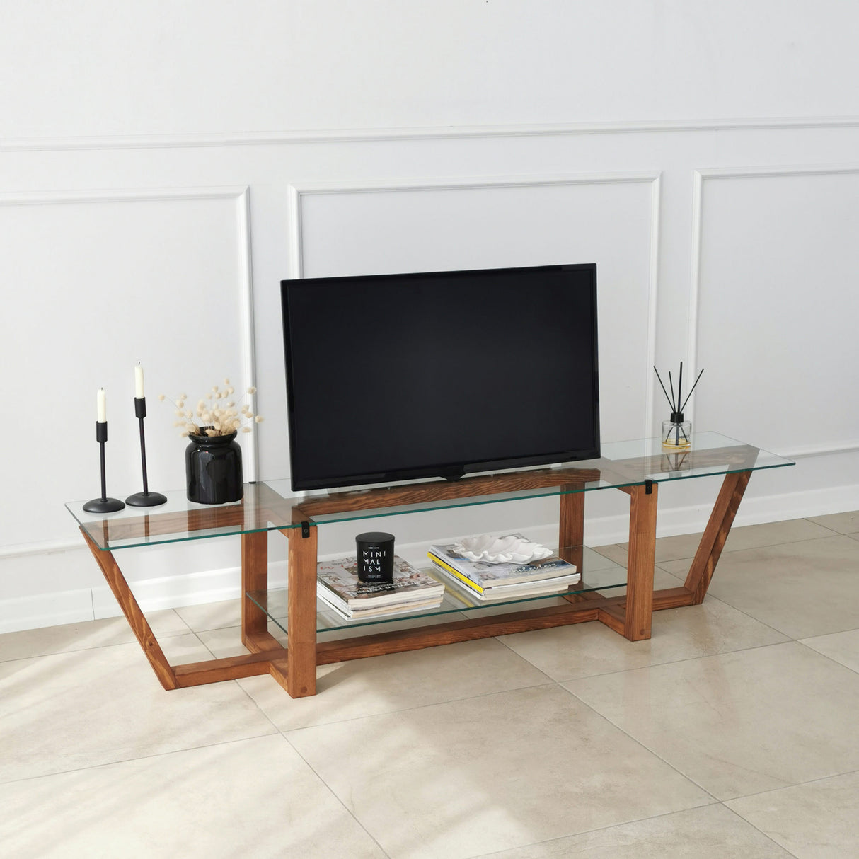TV Meubels - TV Meubel Amaufi Walnoot Glas 158x35x35 cm - Dimehouse
