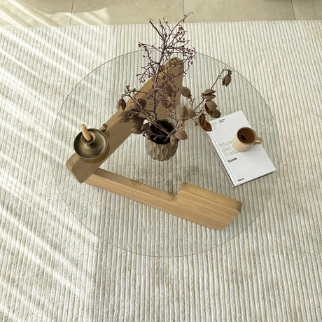 Tavolino rotondo in vetro Mio - 75 cm - Base in legno
