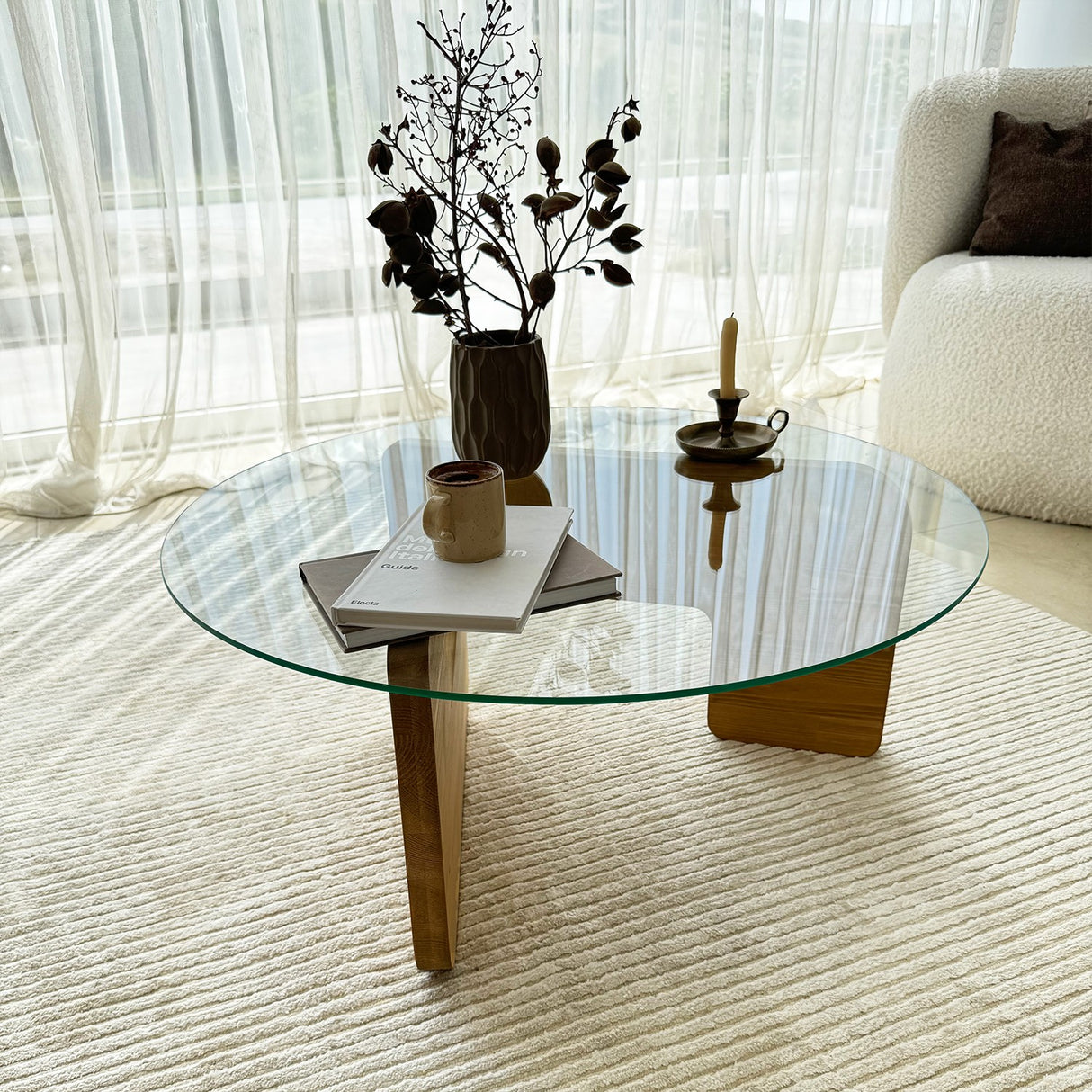 Tavolino rotondo in vetro Mio - 75 cm - Base in legno