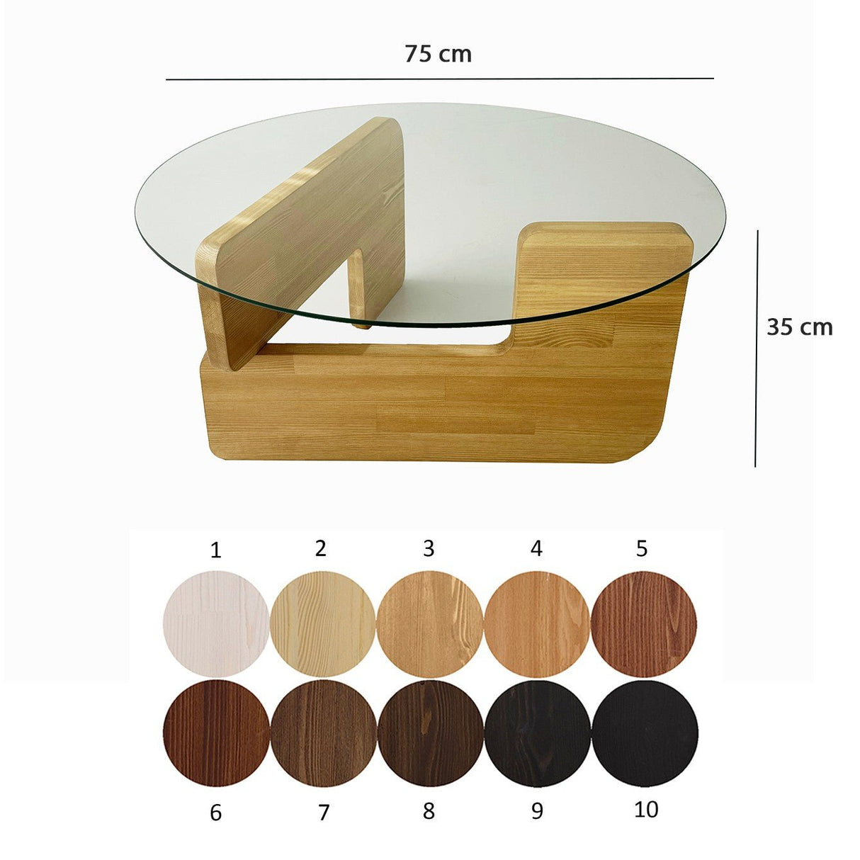 Tavolino rotondo in vetro Mio - 75 cm - Base in legno