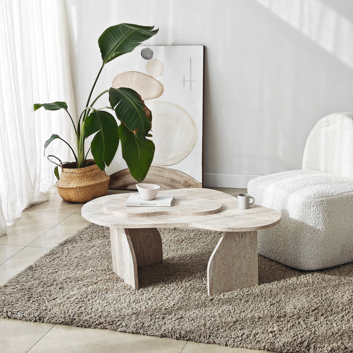 Tavolino da caffè organico Travertino Melaminico aspetto marmo Melta - 105x65 cm