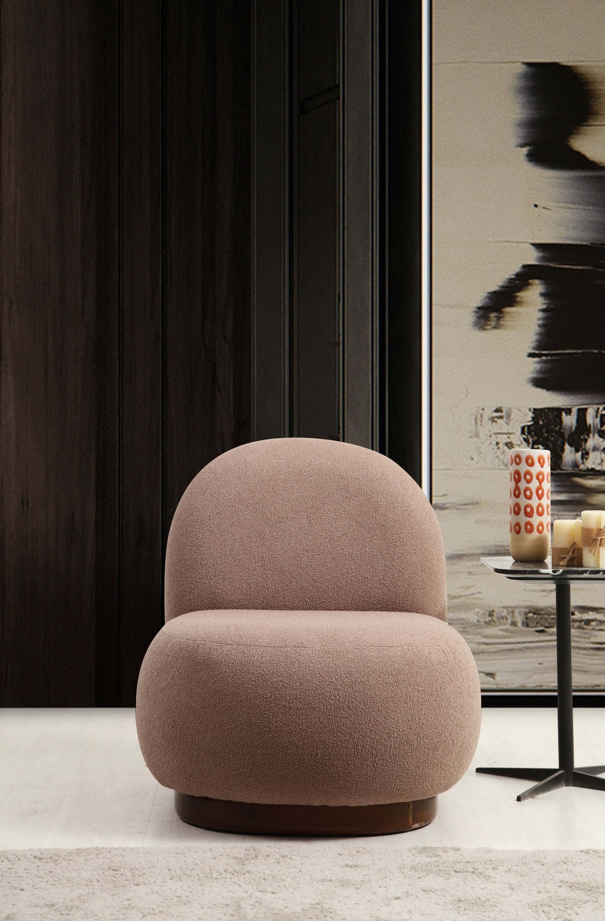 Fauteuils - Japandi fauteuil bruin bouclé organische vorm Tina - Dimehouse