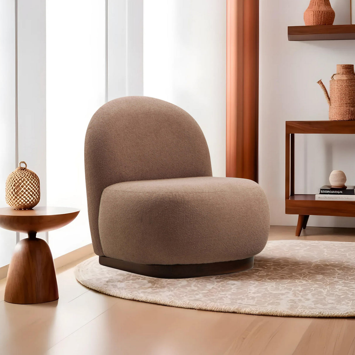 Fauteuils - Japandi fauteuil bruin bouclé organische vorm Tina - Dimehouse