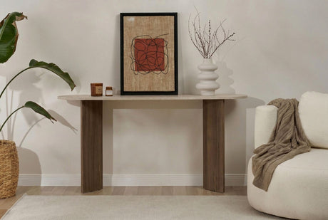 Moderne ovale sidetable met een travertin look blad en walnoot melamine onderstel. Stijlvol minimalistisch design.