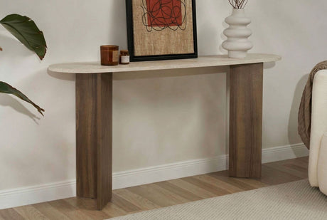 Moderne ovale sidetable met een travertin look blad en walnoot melamine onderstel. Stijlvol minimalistisch design.