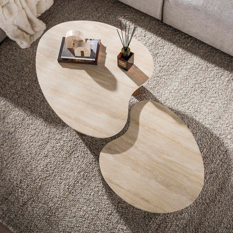 Set di 2 tavolini organici Cruz - ceramica Travertino effetto legno rovere rigato
