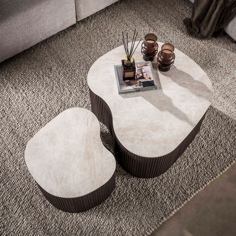 Set di 2 tavolini organici Cruz bold - ceramica Taj Mahal effetto legno marrone scuro a coste