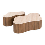 Witfoto set van 2 organische salontafels Cruz Grand met Travertin keramiek bladen en eikenhoutlook ribbelbasis.