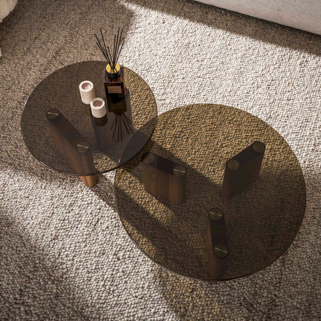 Set di 2 tavolini rotondi in vetro fumé marrone aspetto rovere Thor