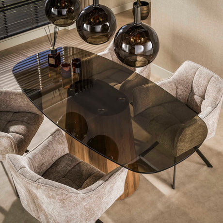 Tavolo da pranzo ovale danese in vetro fumé marrone con struttura effetto rovere Thor 180 cm