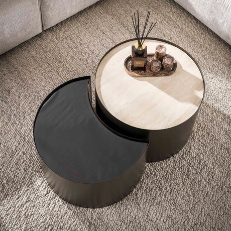 Set di 2 tavolini Moony - struttura in metallo e ceramica effetto travertino e vetro