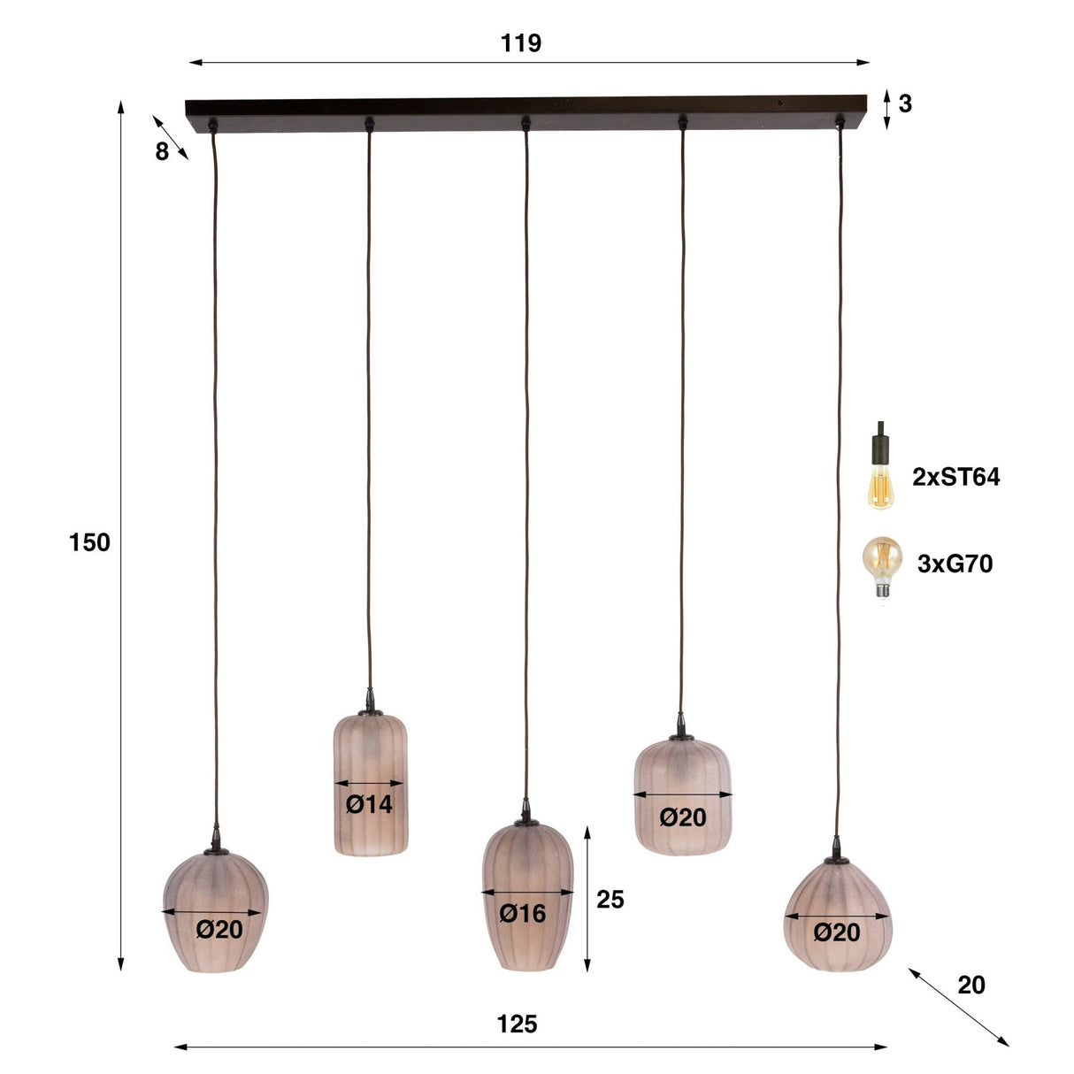 Hanglampen - Hanglamp 5 - lichts bruin frosted glas Arda - Dimehouse