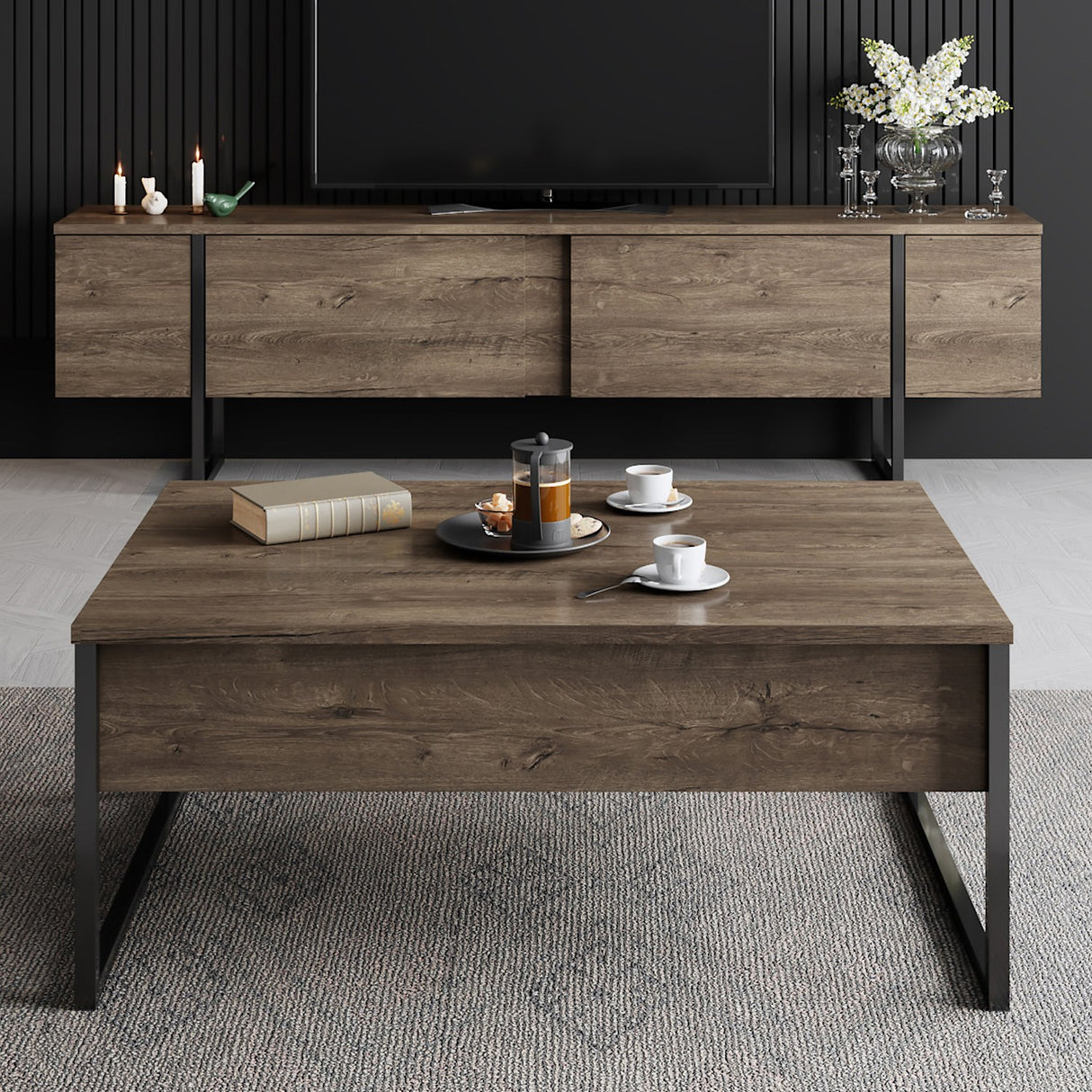 TV Meubels - TV Meubel Luxe Walnoot Zwart Melamine 180x50x30 cm - Dimehouse