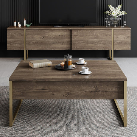 Salontafels - Rechthoekige Salontafel Walnoot Luxe 90x60 - Gouden Frame - Dimehouse