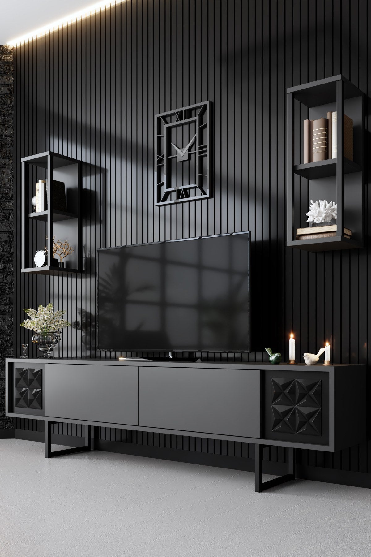TV Meubels - TV Meubel Set Black Line Antraciet Zwart Melamine 180x48x30 cm - Dimehouse
