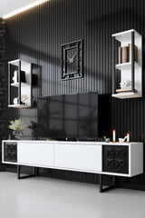 TV Meubels - TV Meubel Set Black Line Wit Zwart Melamine 180x48x30 cm - Dimehouse