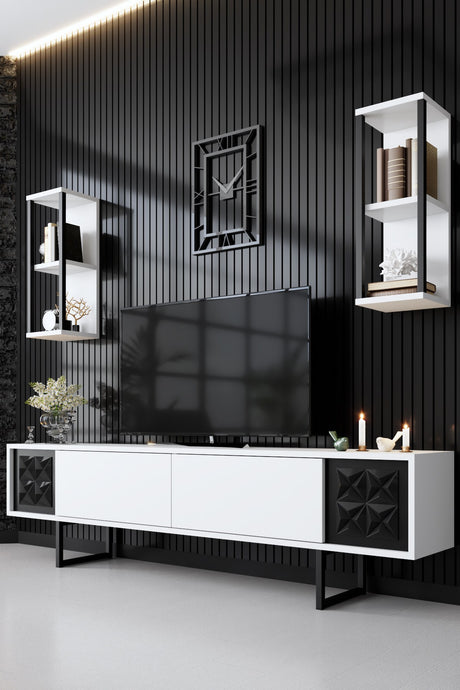 Mobile TV Set Black Line Bianco Nero Melaminico 180x48x30 cm