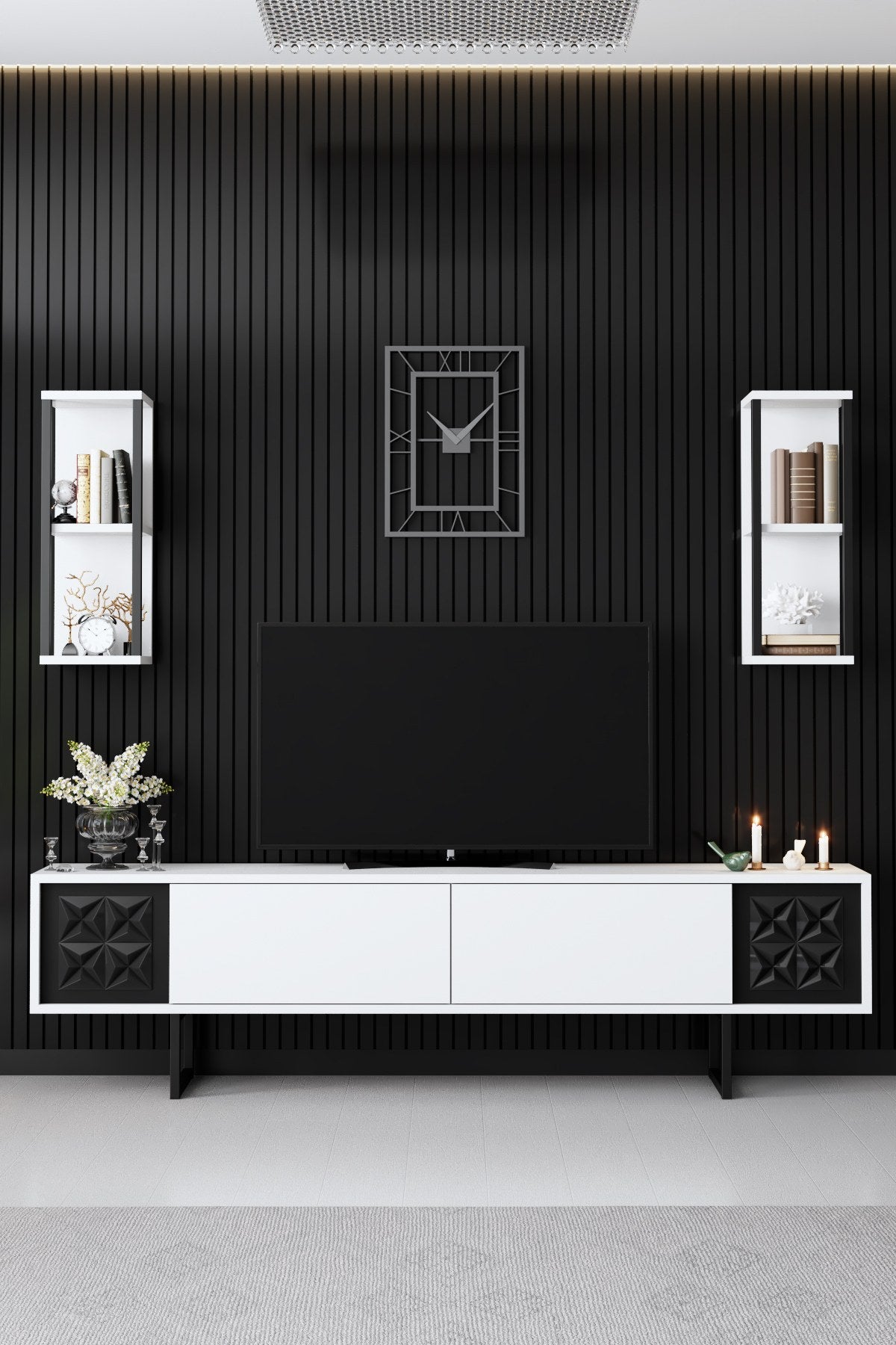 TV Meubels - TV Meubel Set Black Line Wit Zwart Melamine 180x48x30 cm - Dimehouse