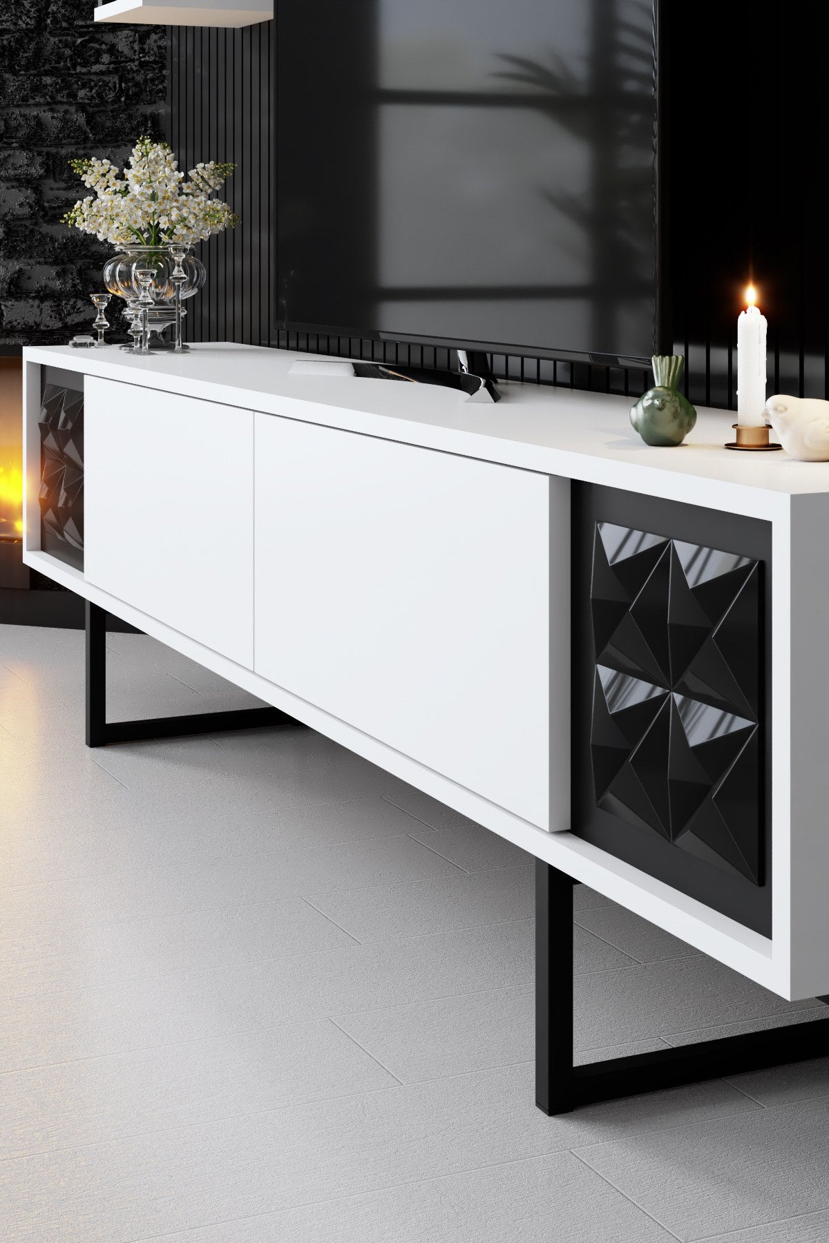 TV Meubels - TV Meubel Set Black Line Wit Zwart Melamine 180x48x30 cm - Dimehouse