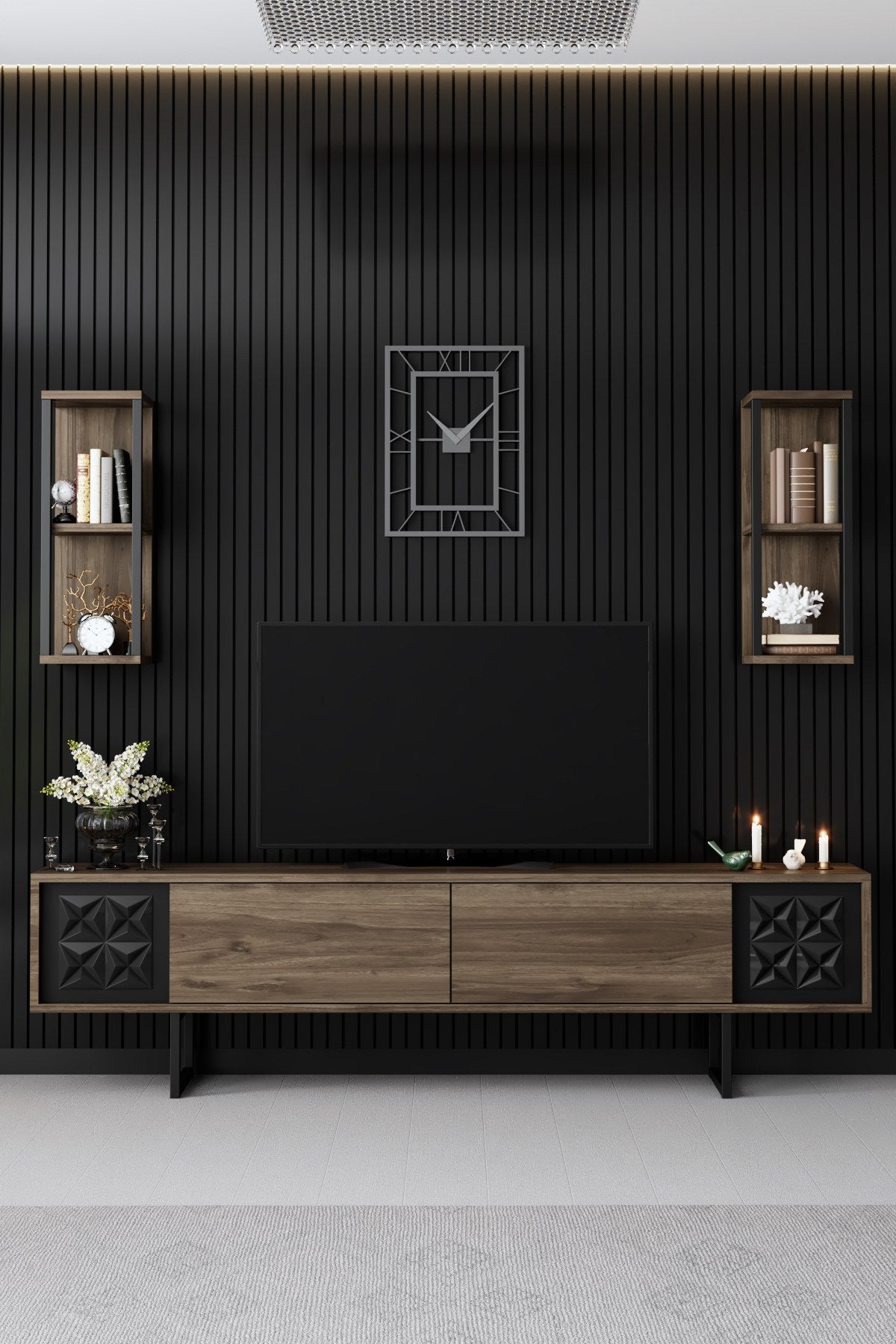 TV Meubels - TV Meubel Set Black Line Walnoot Zwart Melamine 180x48x30 cm - Dimehouse