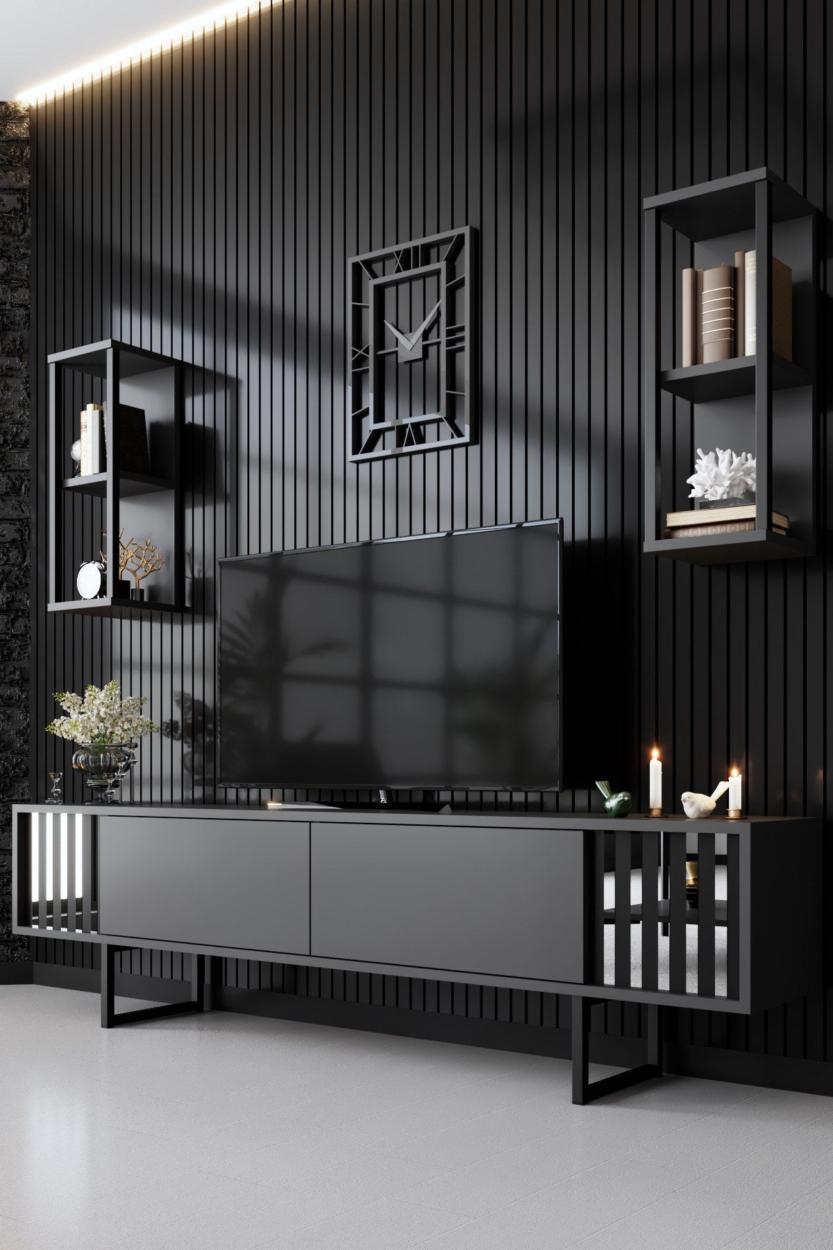 TV Meubels - TV Meubel Set Chrome Line Antraciet Zwart Melamine 180x48x30 cm - Dimehouse