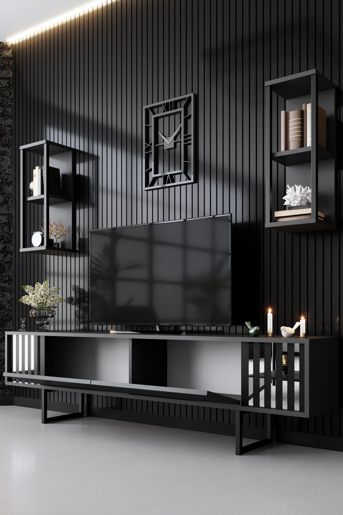 TV Meubels - TV Meubel Set Chrome Line Antraciet Zwart Melamine 180x48x30 cm - Dimehouse