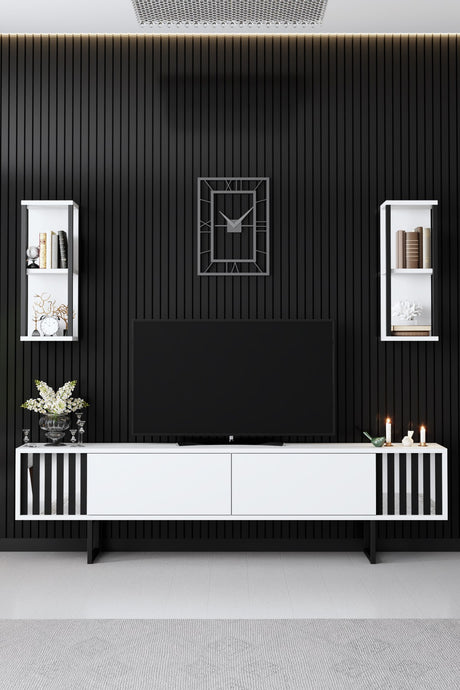 Set Mobile TV Linea Cromata Bianco Nero Melaminico 180x48x30 cm