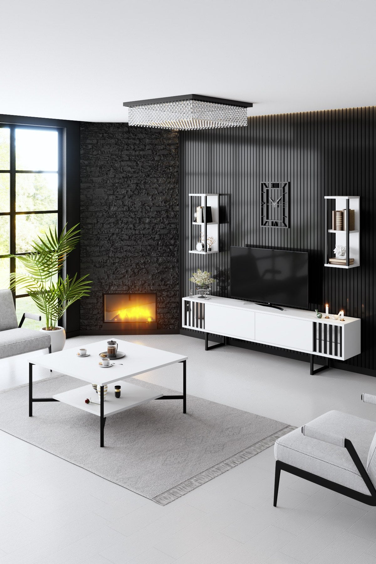 TV Meubels - TV Meubel Set Chrome Line Wit Zwart Melamine 180x48x30 cm - Dimehouse